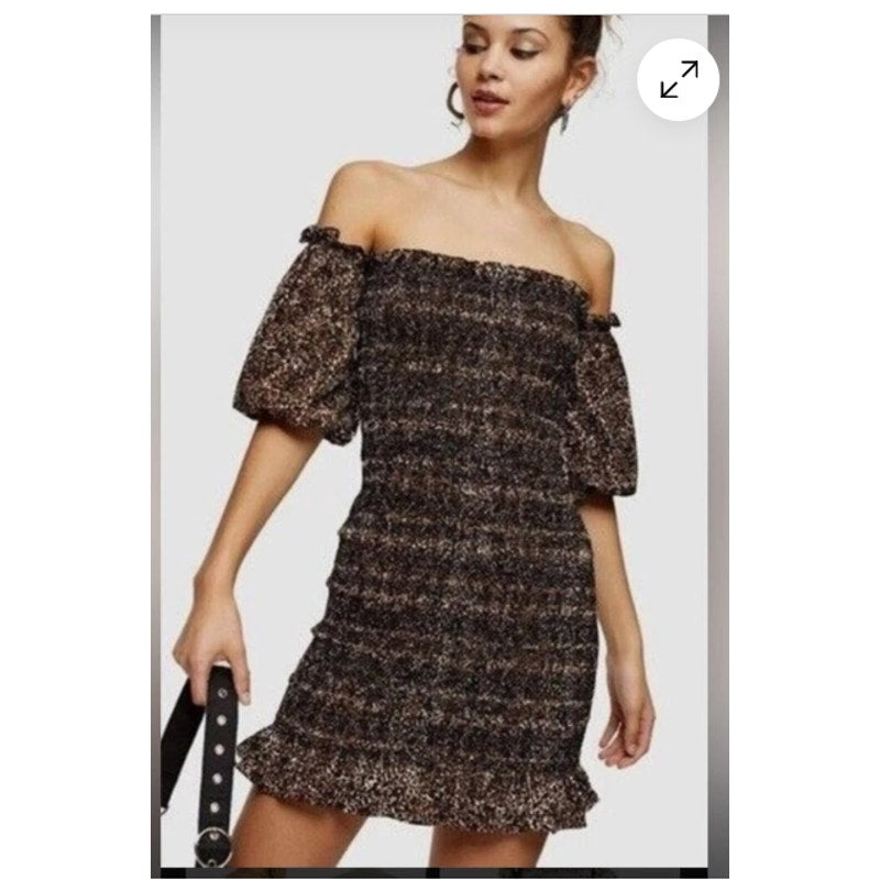 Topshop Gold & Black Smocked Off-the-Shoulder Mini Dress Size 2 NEW Summer