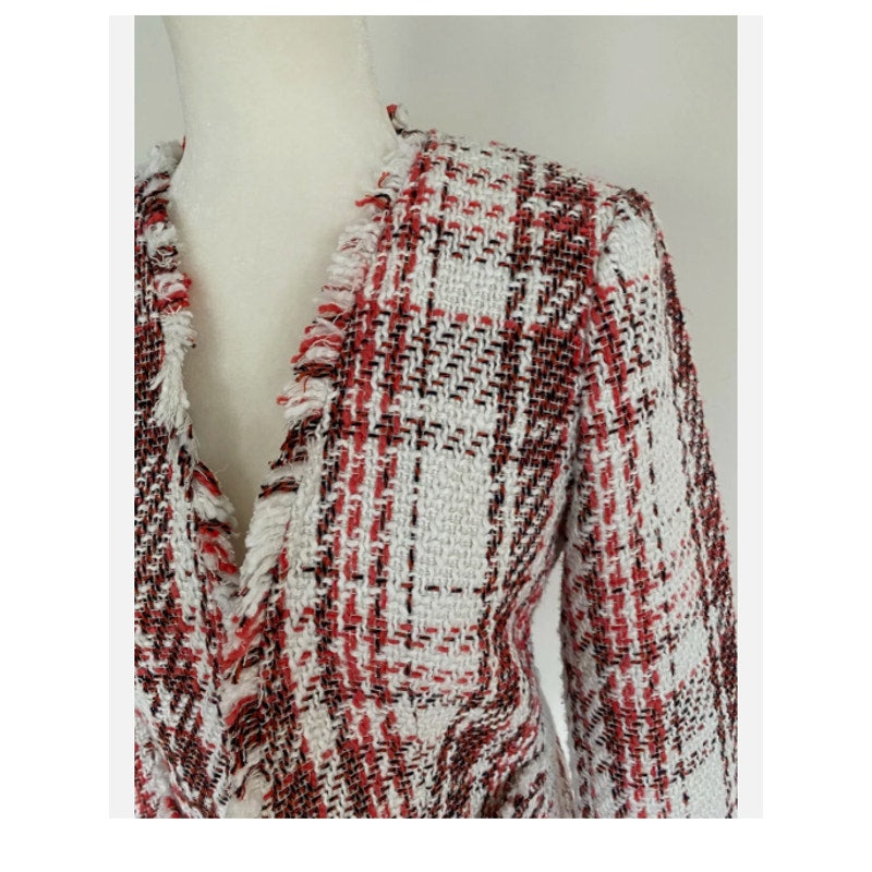 Halogen women new open front plaid tweed jacket LARGE  Ivory Coral career CASUAL