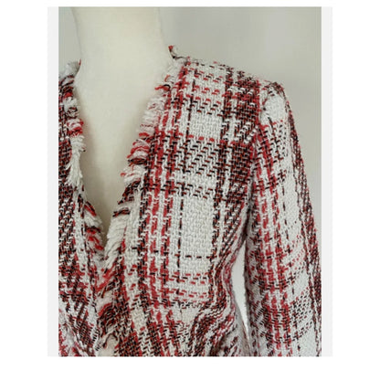 Halogen women new open front plaid tweed jacket LARGE  Ivory Coral career CASUAL