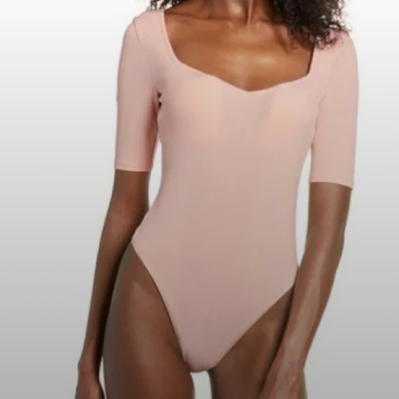 Leith Slim Bodysuit Long Sleeve Scope Neck Snap Closure blush pink Medium NEW