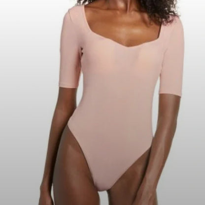 Leith Slim Bodysuit Long Sleeve Scope Neck Snap Closure blush pink Medium NEW