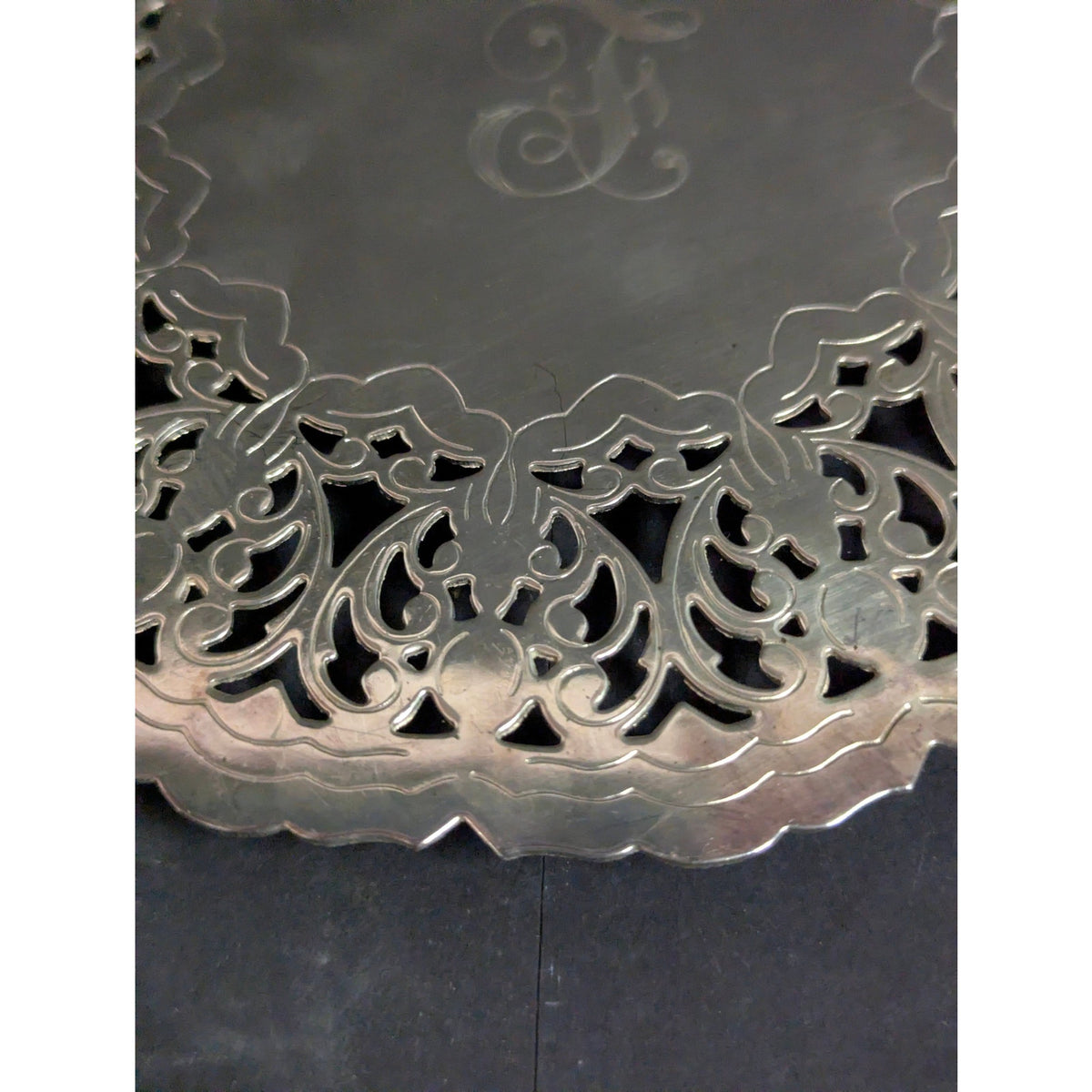 Vintage Silverplate Monogram F Pierced Filigree Denmark Trivet