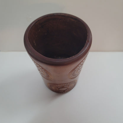 Wood vase brush cutlery holder Handmade carved turned tribal design 7" Organic