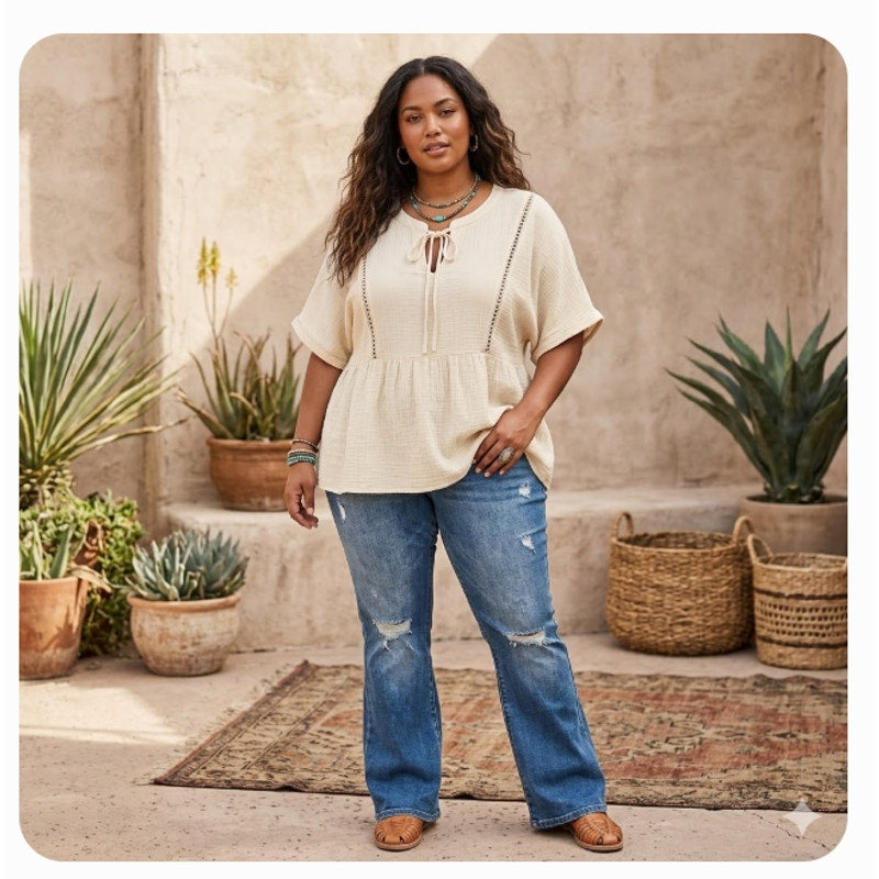 Wonderly Cream Gauze Cotton Peplum Blouse Boho Short Sleeve Top Large Casual
