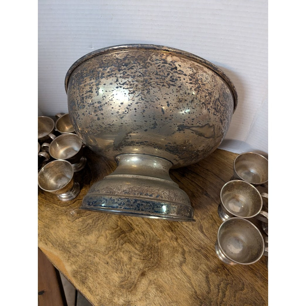 Vintage 14 Pc. UNPOLISHED patina nickel silver EP Large punch bowl cup ladle set