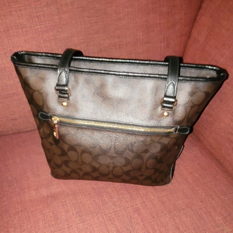 Coach Signature C Brown Gallery Coated Canvas Trim Tote Shoulder Bag Handbag