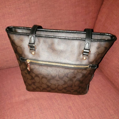 Coach Signature C Brown Gallery Coated Canvas Trim Tote Shoulder Bag Handbag