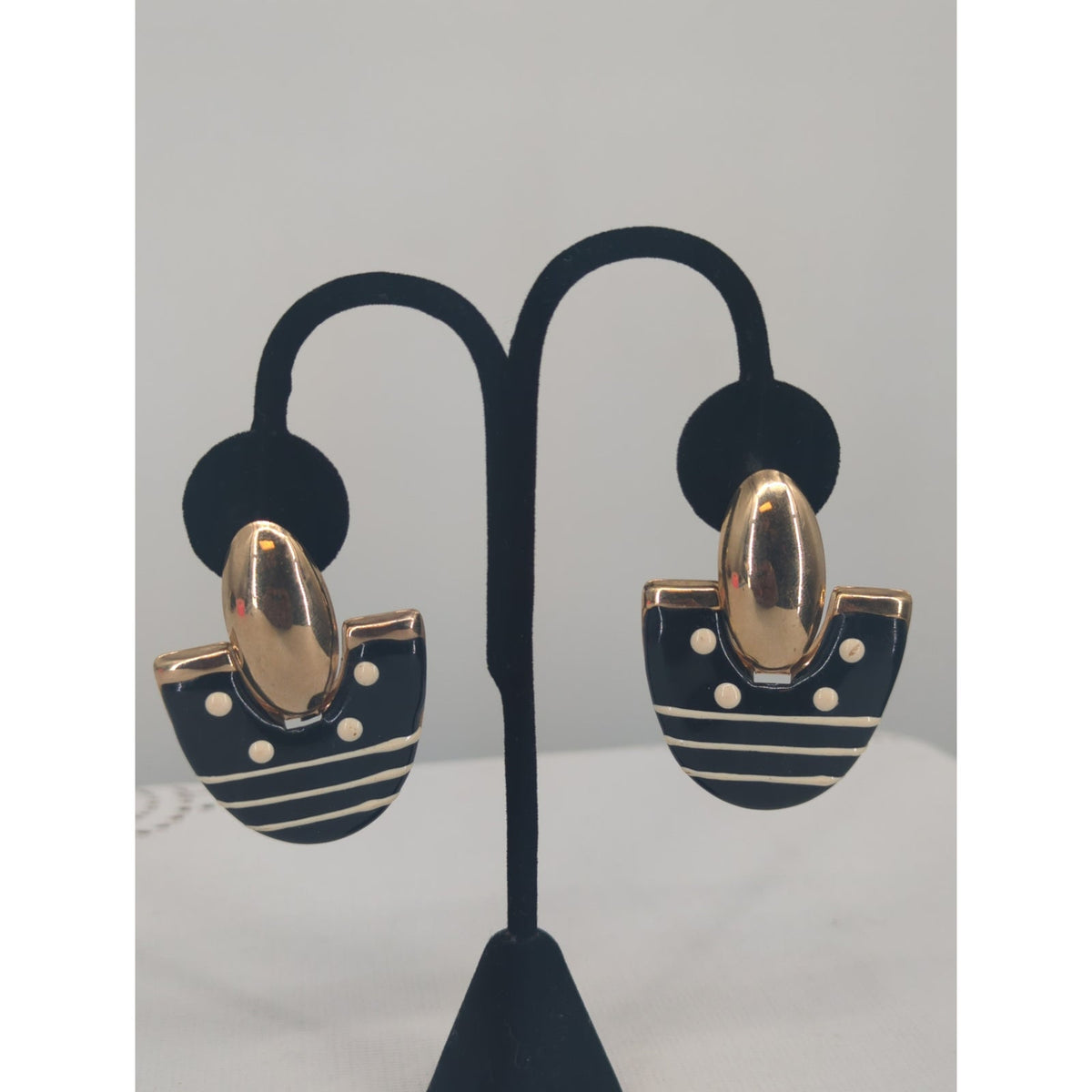 Vintage 1980s Gold-Tone & Black Enamel Geometric Dangle Clip-On Earrings