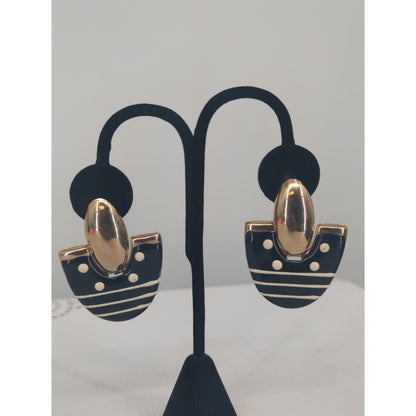 Vintage 1980s Gold-Tone & Black Enamel Geometric Dangle Clip-On Earrings