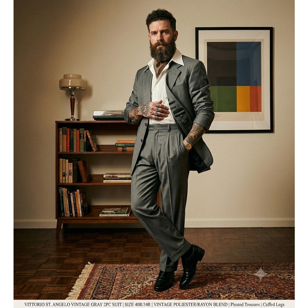 Vitorrio St. Angelo Vintage Gray 2pc Suit Jacket Trouser Pants Pleats Cuffed 40R