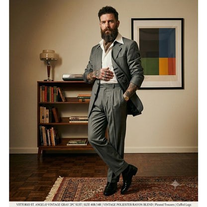 Vitorrio St. Angelo Vintage Gray 2pc Suit Jacket Trouser Pants Pleats Cuffed 40R