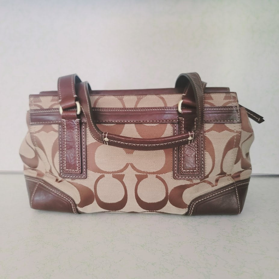 Coach Signature Stripe Gallery Tote Satchel Bag Brown Canvas Leather Trim Y2K