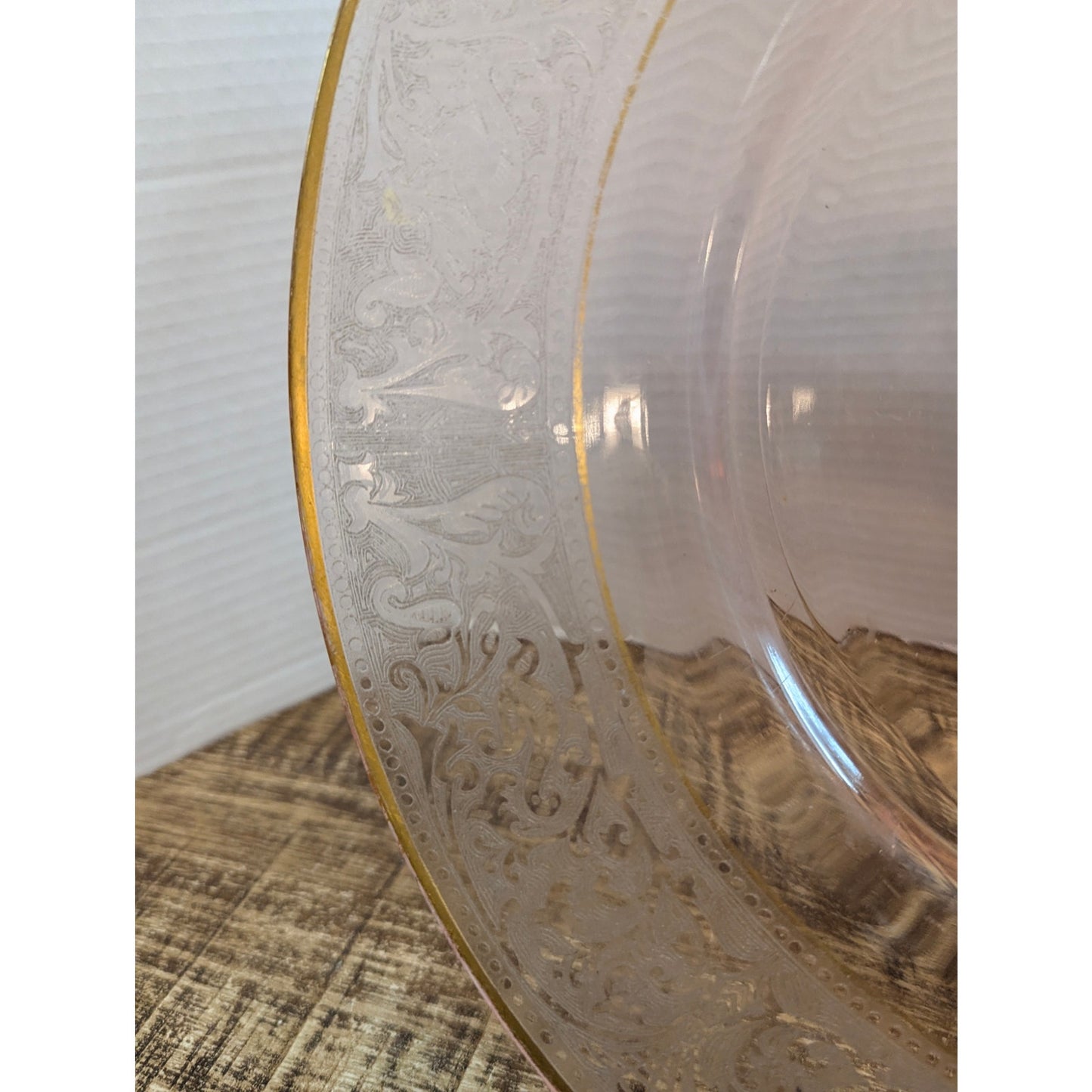Vtg. Pink Depression Glass Platter 14" Etched Floral Gold Trim Hollywood Regency