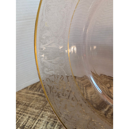 Vtg. Pink Depression Glass Platter 14" Etched Floral Gold Trim Hollywood Regency