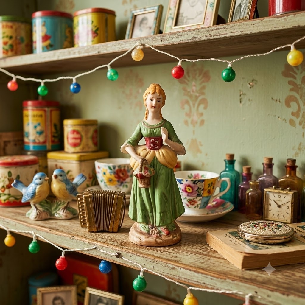 Vintage Bisque Porcelain Peasant Girl Figurine with Flower Basket