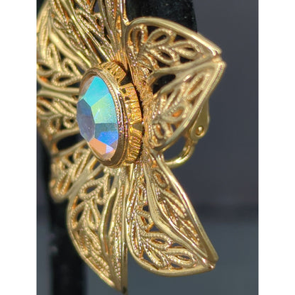 Vintage Gold Tone Filigree Floral AB Rhinestone Clip On Earrings Boho