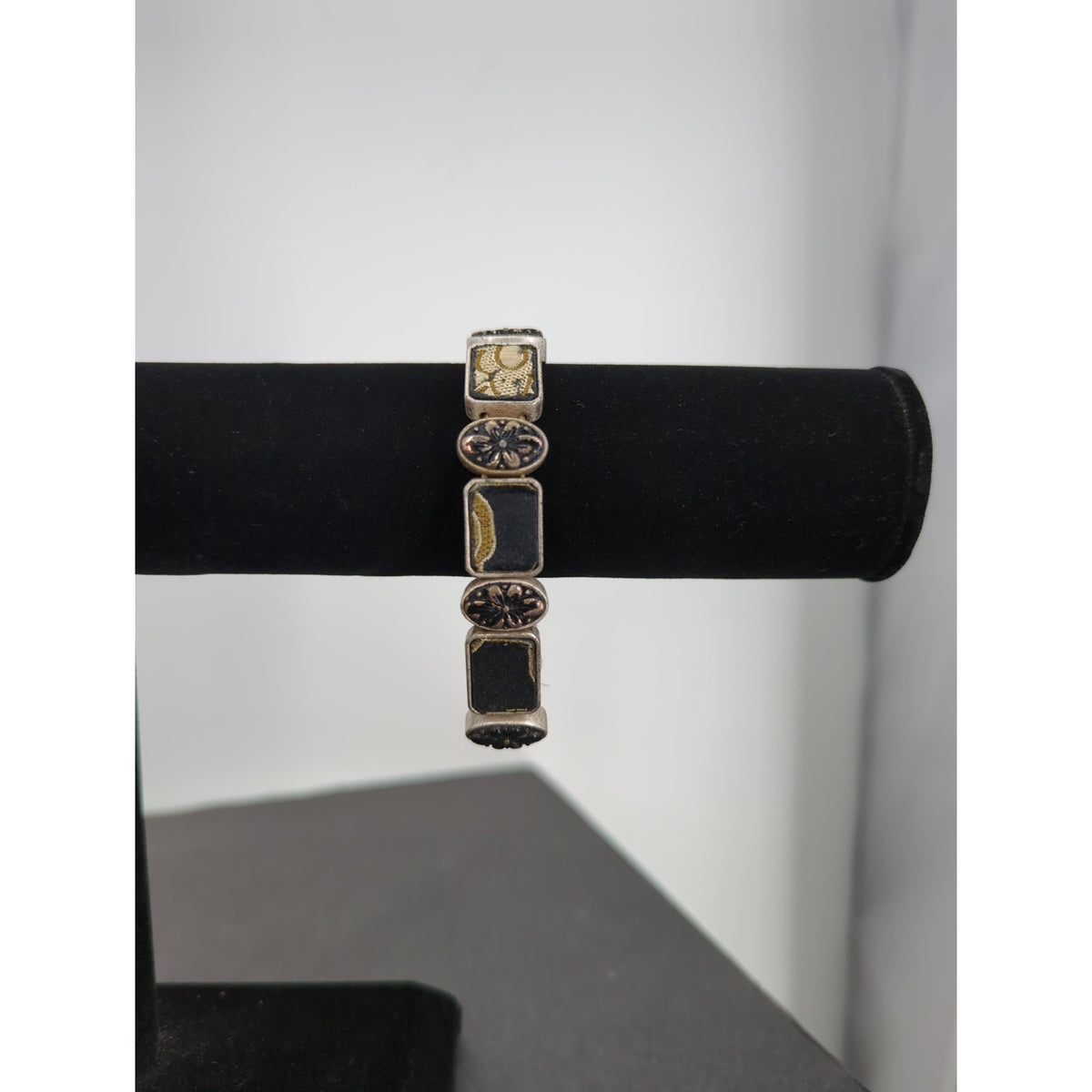 Vintage Silver Tone Geometric Stretchy Panel Bracelet Academia boho gothic