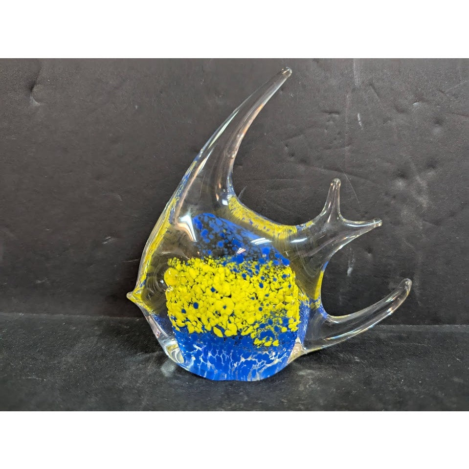 Vintage Murano Style Art Glass Yellow Blue Fish Figurine Paperweight