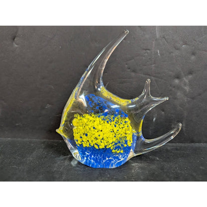Vintage Murano Style Art Glass Yellow Blue Fish Figurine Paperweight