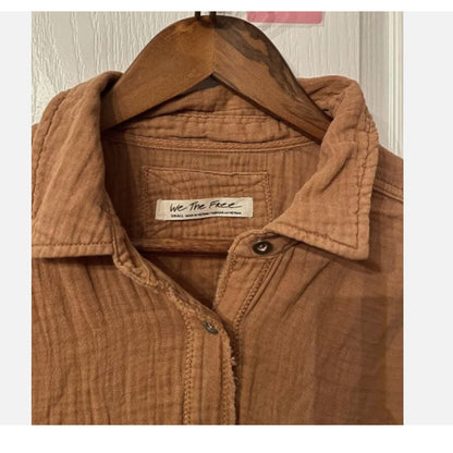 Free People Anaheim Double Cloth Top Gauze Shirt Tunic Camel OVERSIZED S-L New