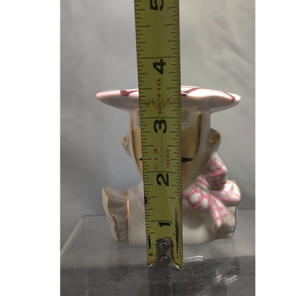 Vintage Ceramic Lady Head Vase Planter Pink Bow 3.6" tall 1950s Wide Brim Hat