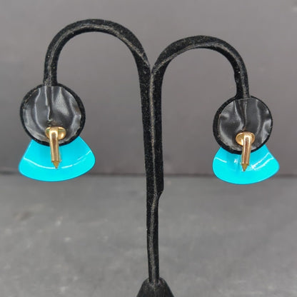 Vintage Mid-Century Bright Turquoise Blue Triangle Screw Back Earrings Retro