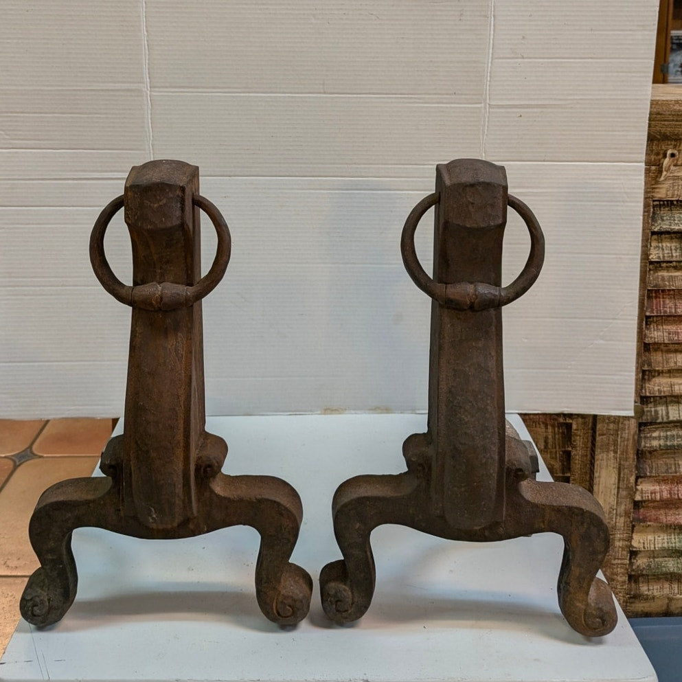 Antique Cast Iron Ring Top Andirons Firedogs Arts & Crafts / Mission Style Pair