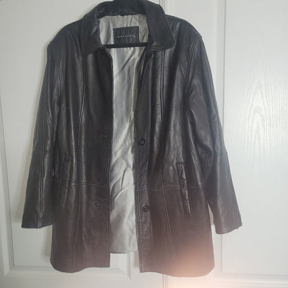 Vintage Gallery Black Leather Coat Jacket Large Lined Pockets SOFT button front