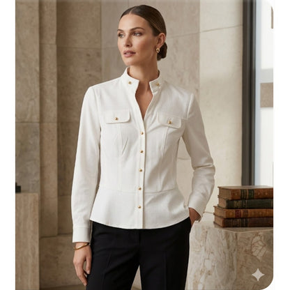 Jones New York Cream Textured Old Money Gold Button Y2K Peplum Blouse Small