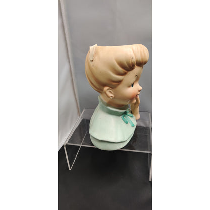 Vintage 1950s Damaged Napco Blonde Lady Head Vase Planter Green Dress Kitsch