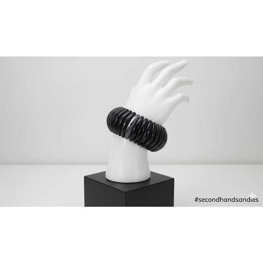 Vintage Black & White Ribbed Acrylic Stretch Bracelet 80s Chunky Statement MCM