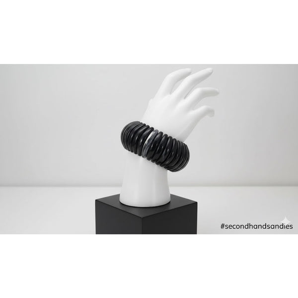 Vintage Black & White Ribbed Acrylic Stretch Bracelet 80s Chunky Statement MCM