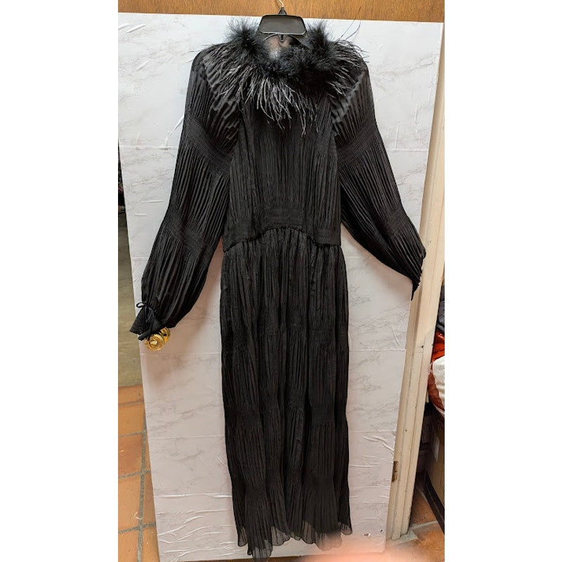 Gibson Latimer XL Black Dress Ostrich Collar Velvet Bow Pleats Midi Lined NOBELT