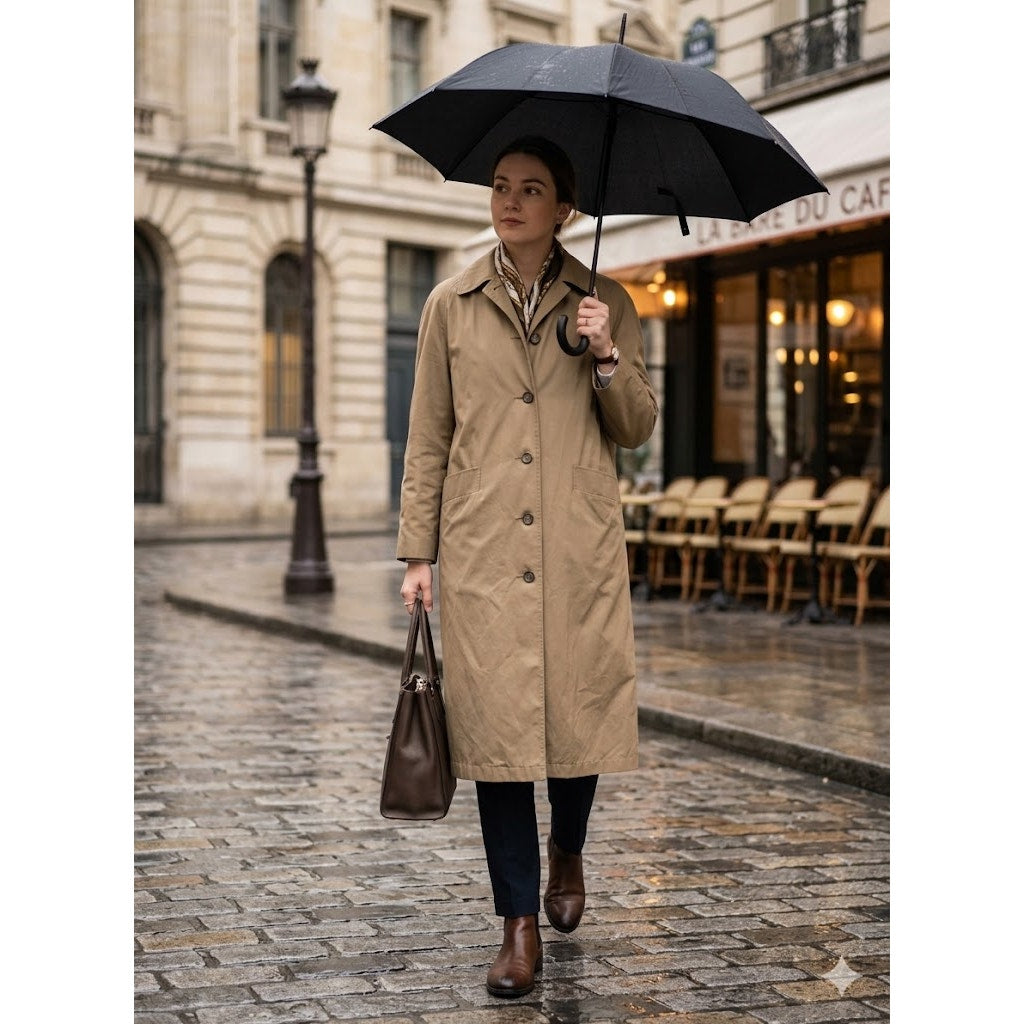 Mackintosh Trench Full length Coat Jacket Faux Fur Lined Hood Size 12 HEAVY tan