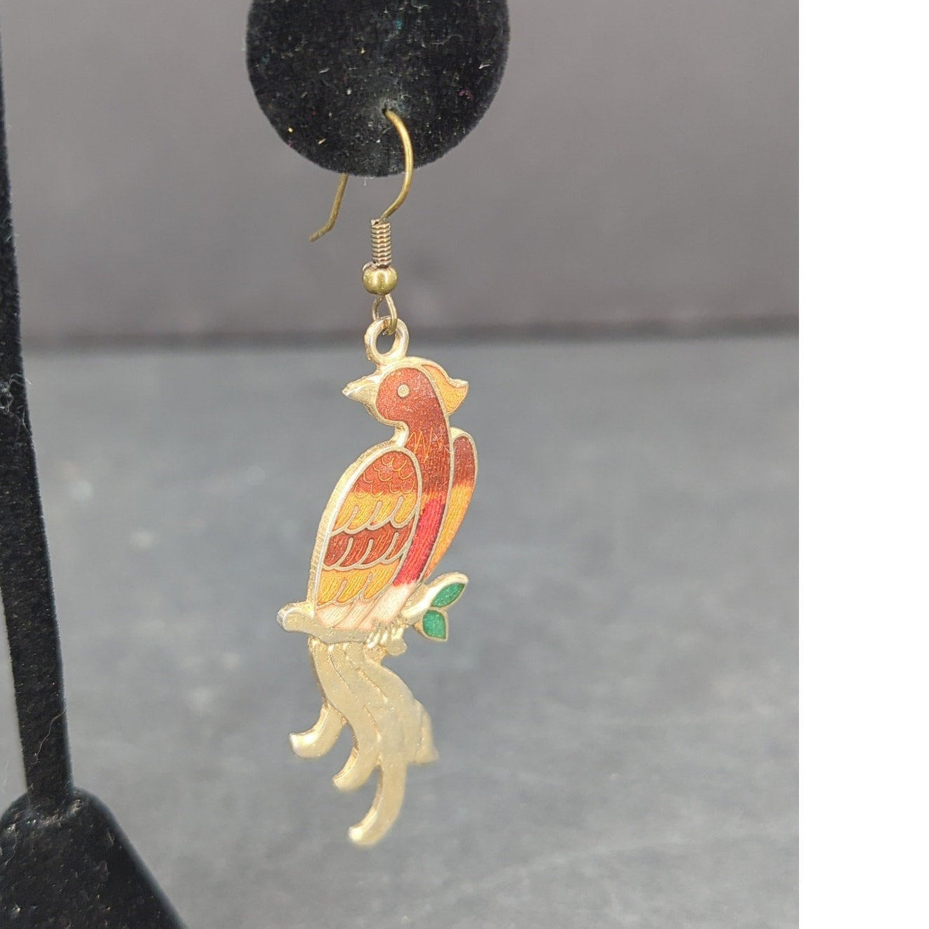 Vintage Cloisonne Enamel Bird Dangle Earrings Pierced Gold Tone Boho Art Parrot