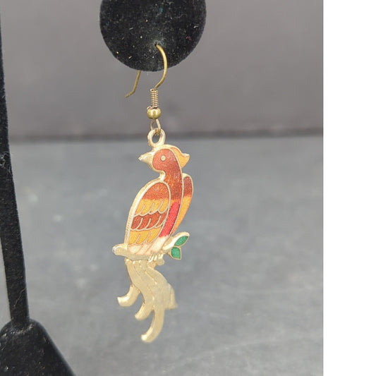 Vintage Cloisonne Enamel Bird Dangle Earrings Pierced Gold Tone Boho Art Parrot
