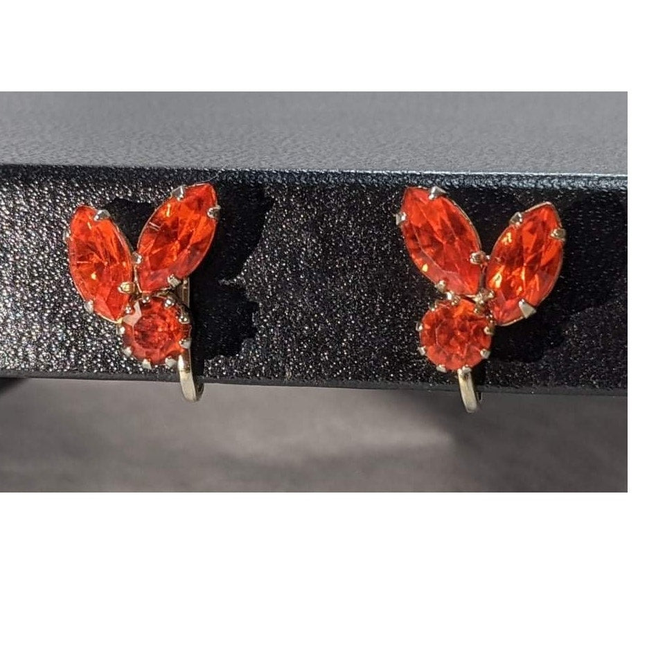 Vintage Red Marquise Rhinestone Leaf Cluster Clip On Earrings Silver Tone Retro