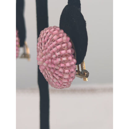 Vintage Pink Seed Bead Clip-On Button Earrings Mid-Century Glamour