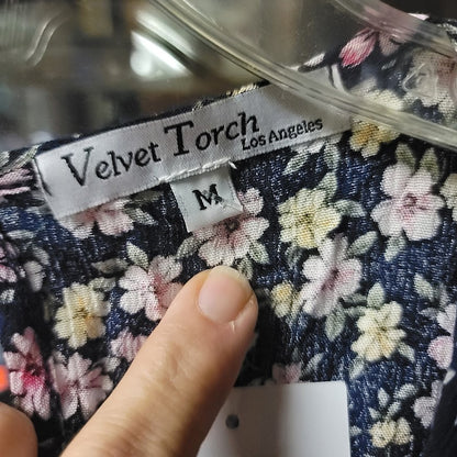 Velvet Torch Size Medium blue Floral Print Midi Dress Faux Wrap V-neck NEW Belt
