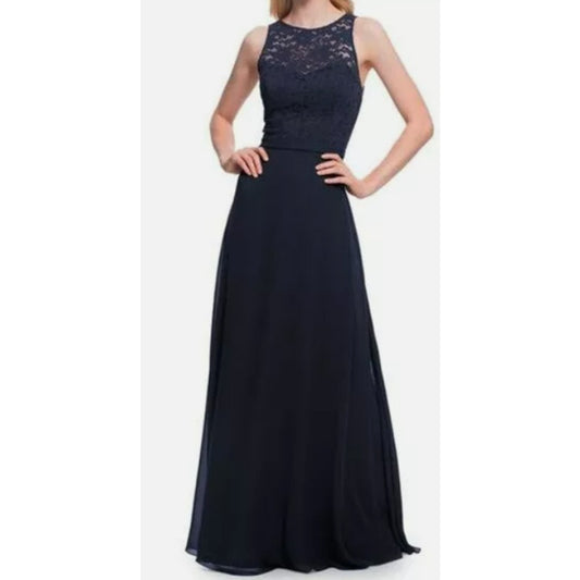 NWT Bill Levkoff Sweetheart Halter High Neck Open Back Formal Maxi Sz 6 in Navy