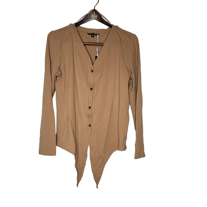 VELVET Heart Small Textured tan Waist Tie Blouse Top Long sleeve Faux button Up