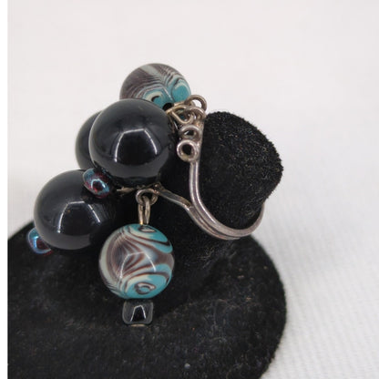 Size 6 Adjustable Bead Custer Black & Blue Beaded Cluster Statement Ring