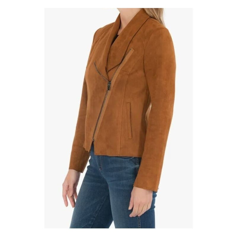 KUT from the Kloth Karina Moto Draped Faux Suede Jacket Sz Medium in Brandy NWT
