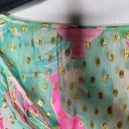 Lilly Pulitzer Small Rilla sheer silk blouse Tropical Pink Sands gold metallic