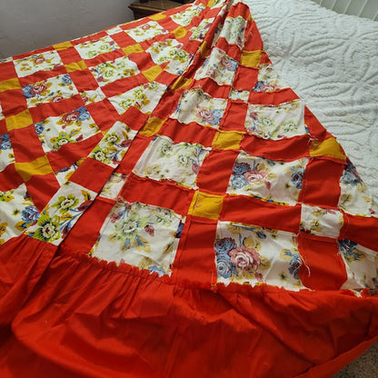 Vintage Farmhouse Red Yellow Floral Patchwork Unfinished Quilt Top 108x88 Queen