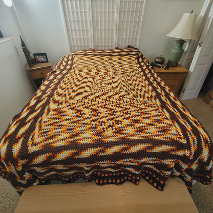 Handmade crocheted 70s coverlet yellow brown white orange Queen / Full blanket