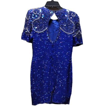 Stenay Vintage 80s Silk Sequin Beaded Knee High 6P Dress Electric Blue Cocktail