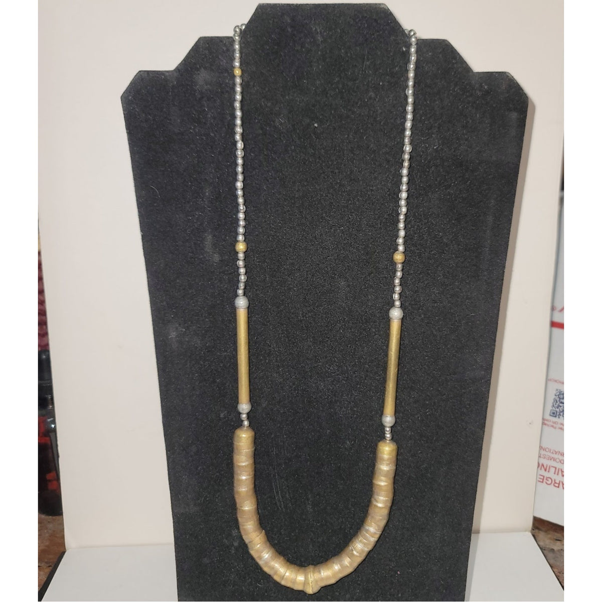 Unusual Single Strand Mixed Metal Brass and silver tone Necklace nesting beads