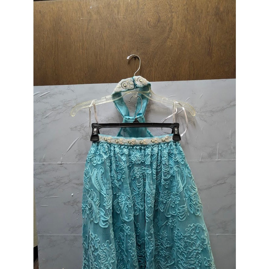 Sherri Hill 2 pc. halter top w/ maxi skirt teal aqua pearls 51020 Top 8 Skirt 0
