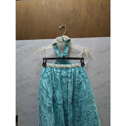 Sherri Hill 2 pc. halter top w/ maxi skirt teal aqua pearls 51020 Top 8 Skirt 0